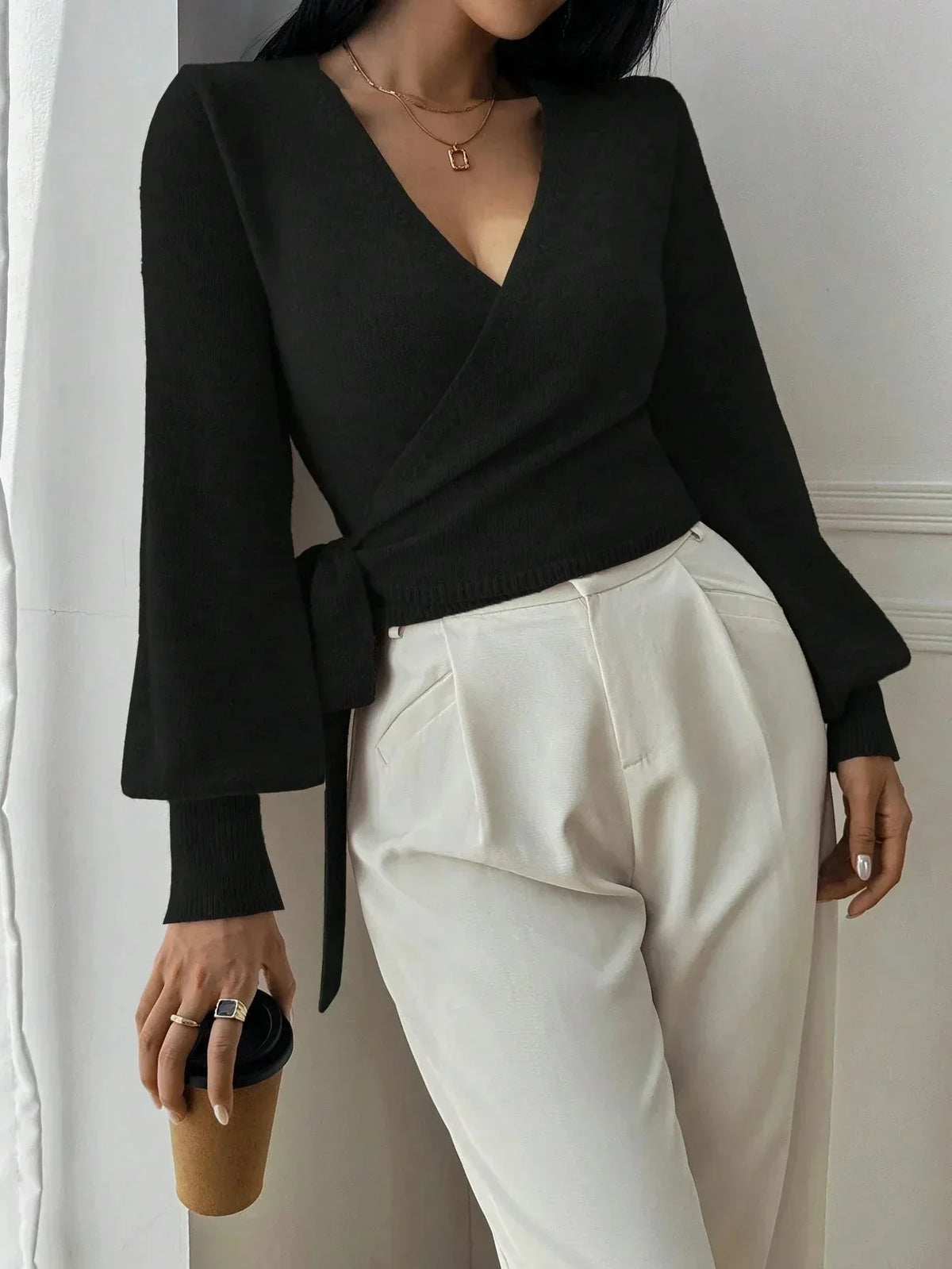 Nola | Cropped Wrap Knit Jumper with Tie Waist