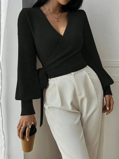 Nola | Cropped Wrap Knit Jumper with Tie Waist
