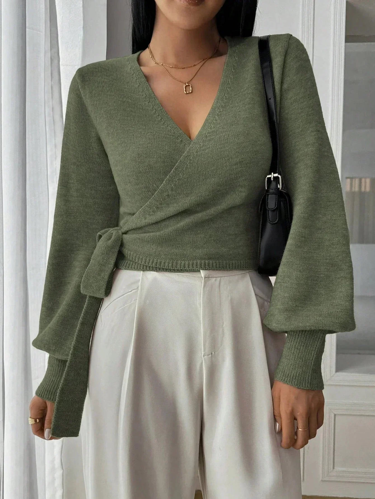 Nola | Cropped Wrap Knit Jumper with Tie Waist