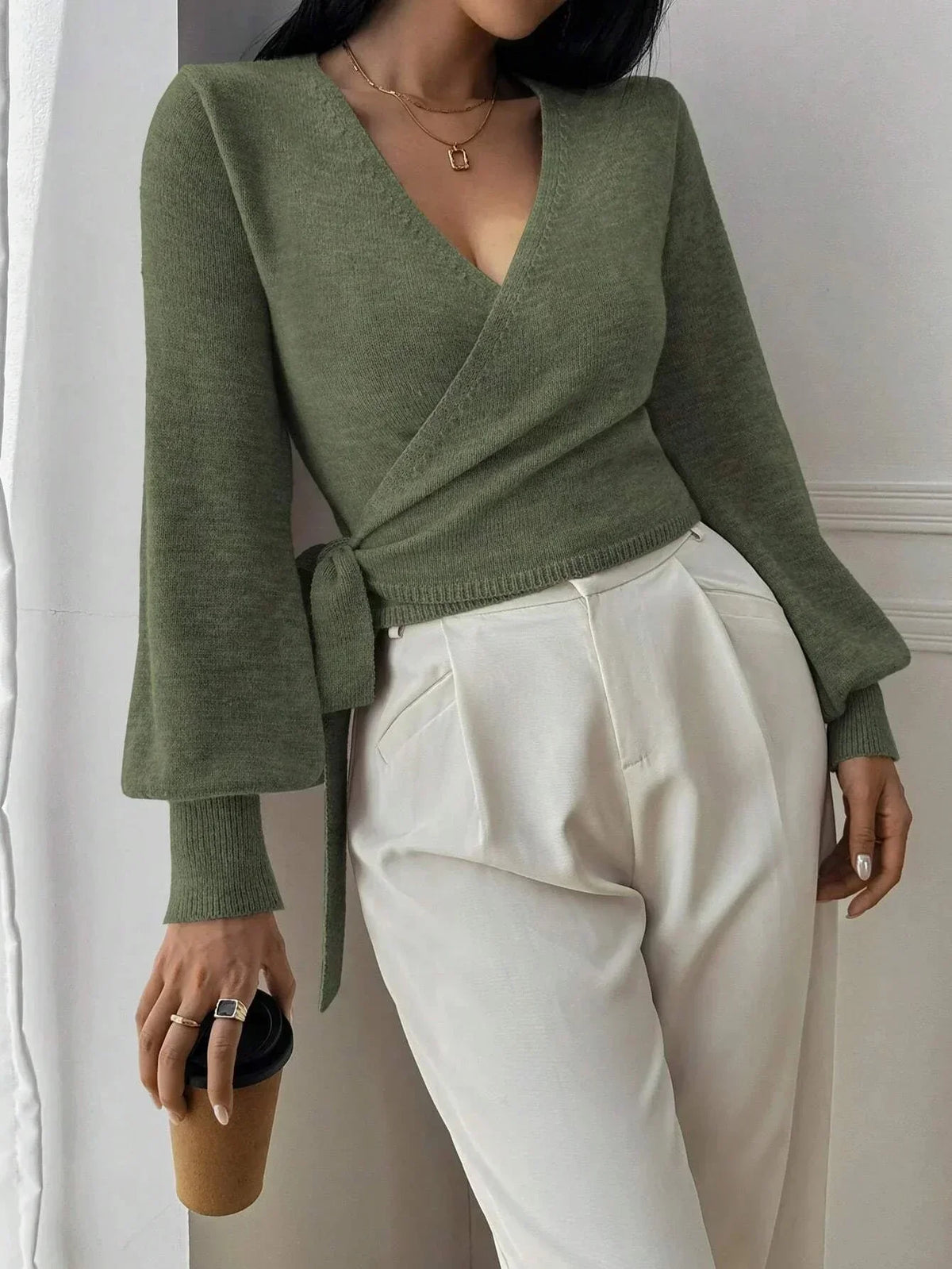 Nola | Cropped Wrap Knit Jumper with Tie Waist
