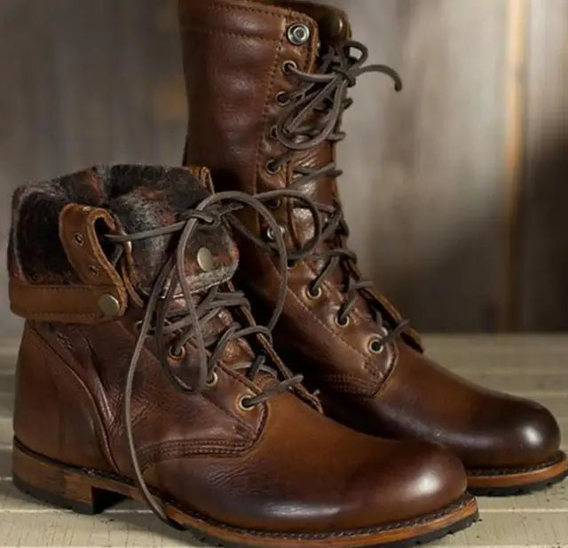 Florence | Dark Brown Leather Lace-Up Combat Boots with Fold-Down Cuff