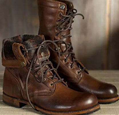 Florence | Dark Brown Leather Lace-Up Combat Boots with Fold-Down Cuff