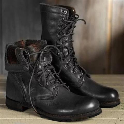 Florence | Dark Brown Leather Lace-Up Combat Boots with Fold-Down Cuff