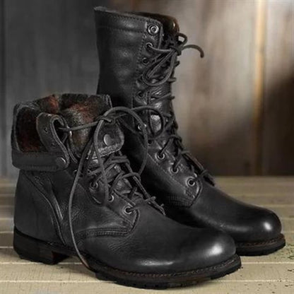 Florence | Dark Brown Leather Lace-Up Combat Boots with Fold-Down Cuff