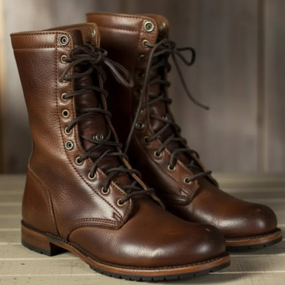 Florence | Dark Brown Leather Lace-Up Combat Boots with Fold-Down Cuff