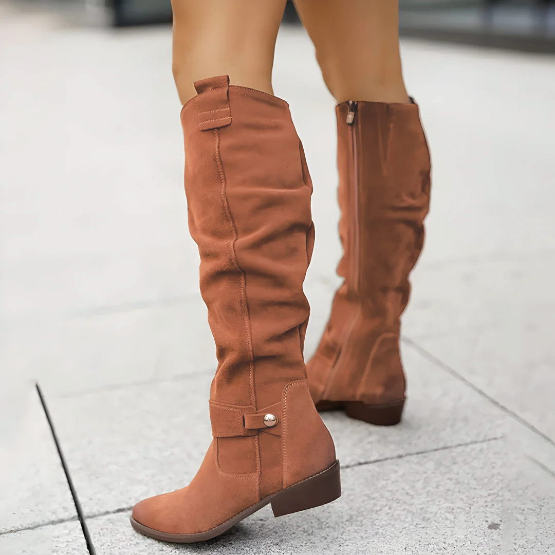 Florence | Suede Slouch Ankle Strap Block Heel Knee High Boots
