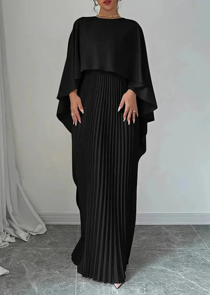 Colette | Cape Sleeve Pleated Maxi Dress with Round Neck