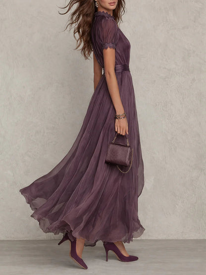 Gwendoline | Mauve Chiffon Maxi Dress with Lace Trim and Satin Belt
