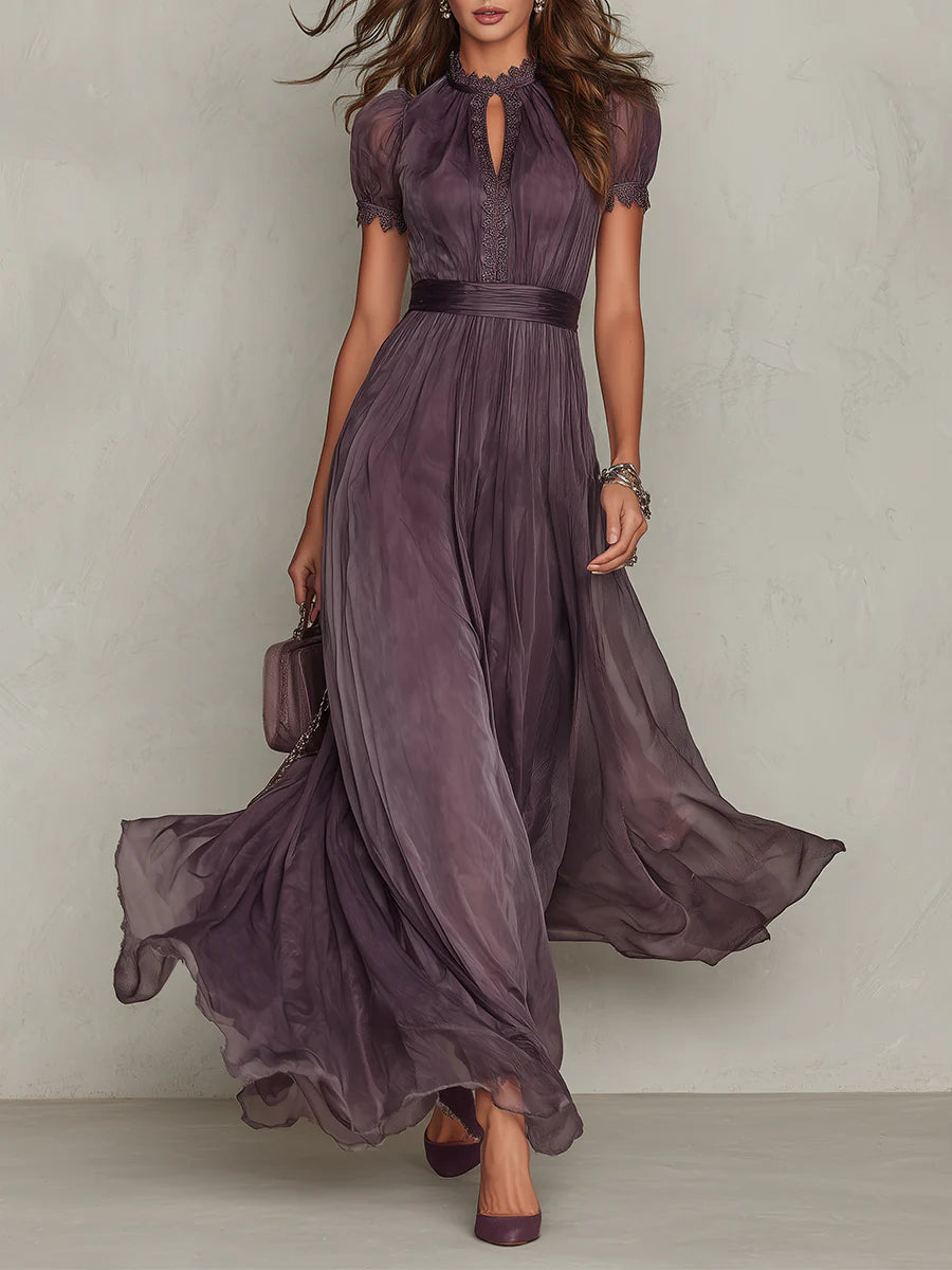 Gwendoline | Mauve Chiffon Maxi Dress with Lace Trim and Satin Belt