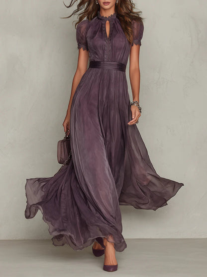 Gwendoline | Mauve Chiffon Maxi Dress with Lace Trim and Satin Belt