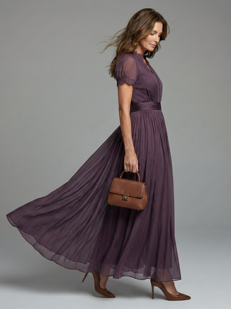 Pandora | Lace Trim Pleated Maxi Dress with Sheer Puff Sleeves
