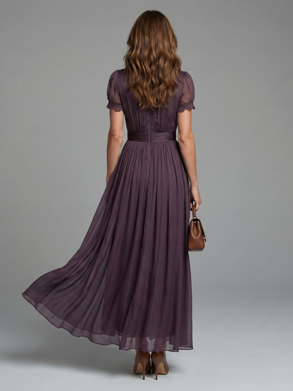 Pandora | Lace Trim Pleated Maxi Dress with Sheer Puff Sleeves