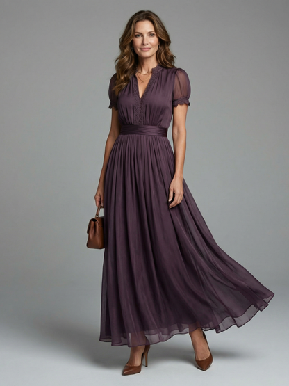 Pandora | Lace Trim Pleated Maxi Dress with Sheer Puff Sleeves