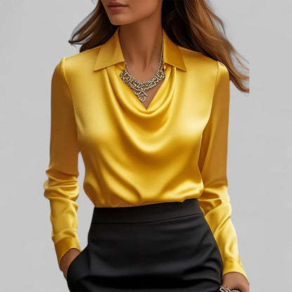 Briony | Satin Blouse with Draped Neckline and Classic Collar