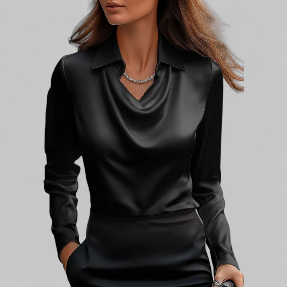 Briony | Satin Blouse with Draped Neckline and Classic Collar