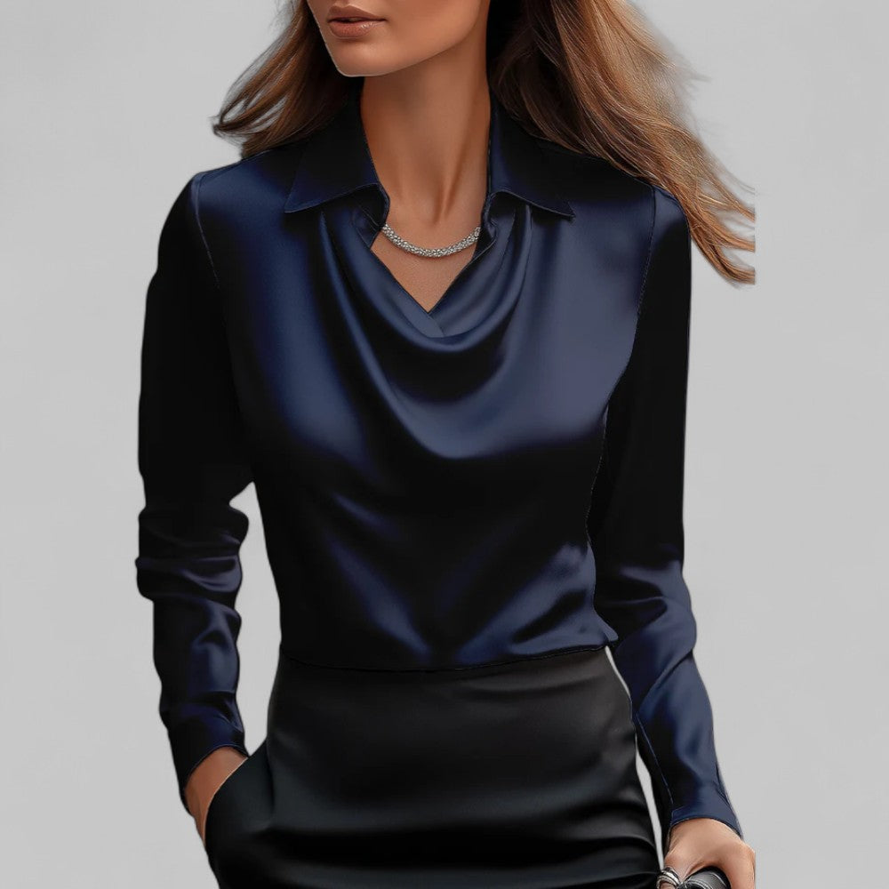 Briony | Satin Blouse with Draped Neckline and Classic Collar