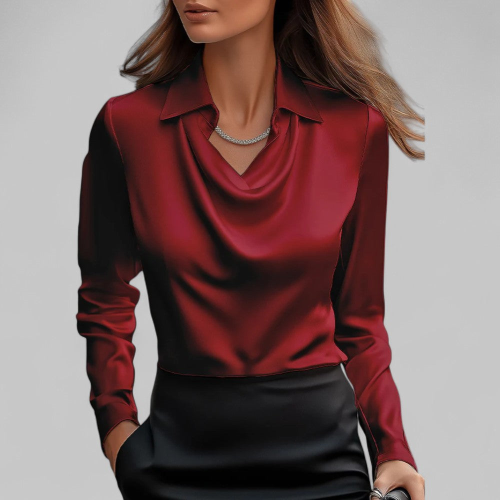 Briony | Satin Blouse with Draped Neckline and Classic Collar