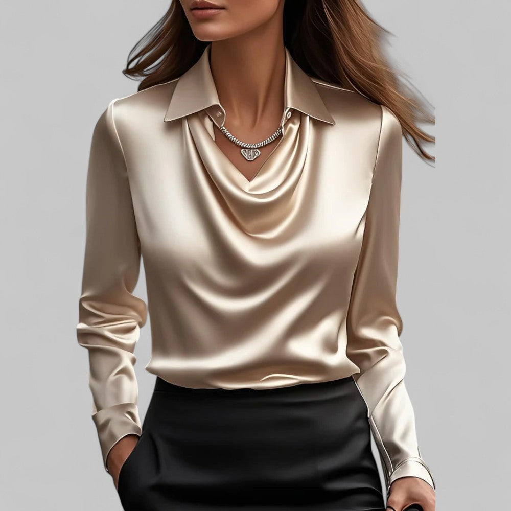 Briony | Satin Blouse with Draped Neckline and Classic Collar