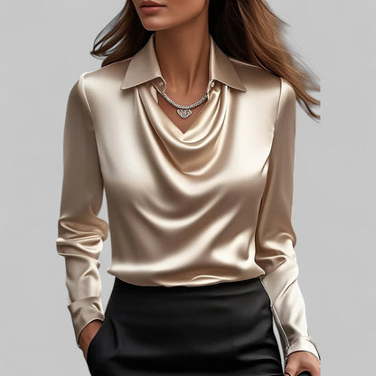 Briony | Satin Blouse with Draped Neckline and Classic Collar