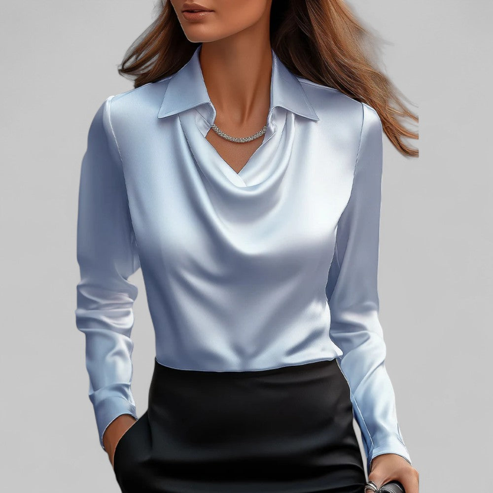 Briony | Satin Blouse with Draped Neckline and Classic Collar