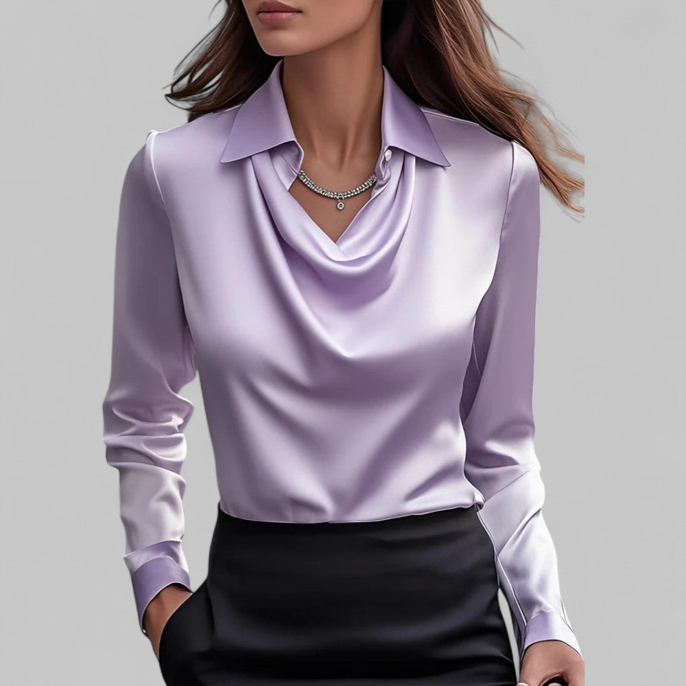 Briony | Satin Blouse with Draped Neckline and Classic Collar