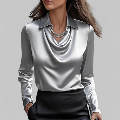 Briony | Satin Blouse with Draped Neckline and Classic Collar