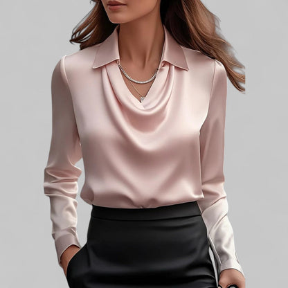 Briony | Satin Blouse with Draped Neckline and Classic Collar