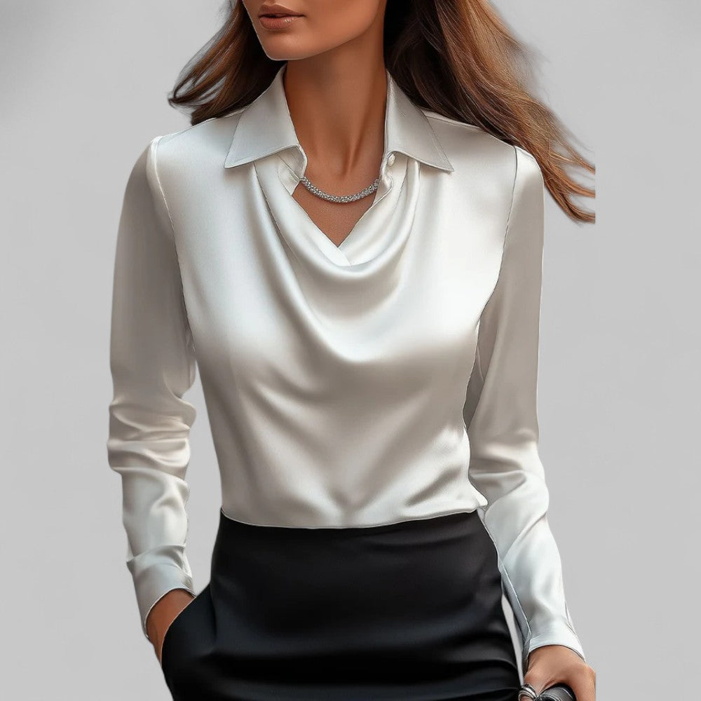 Briony | Satin Blouse with Draped Neckline and Classic Collar