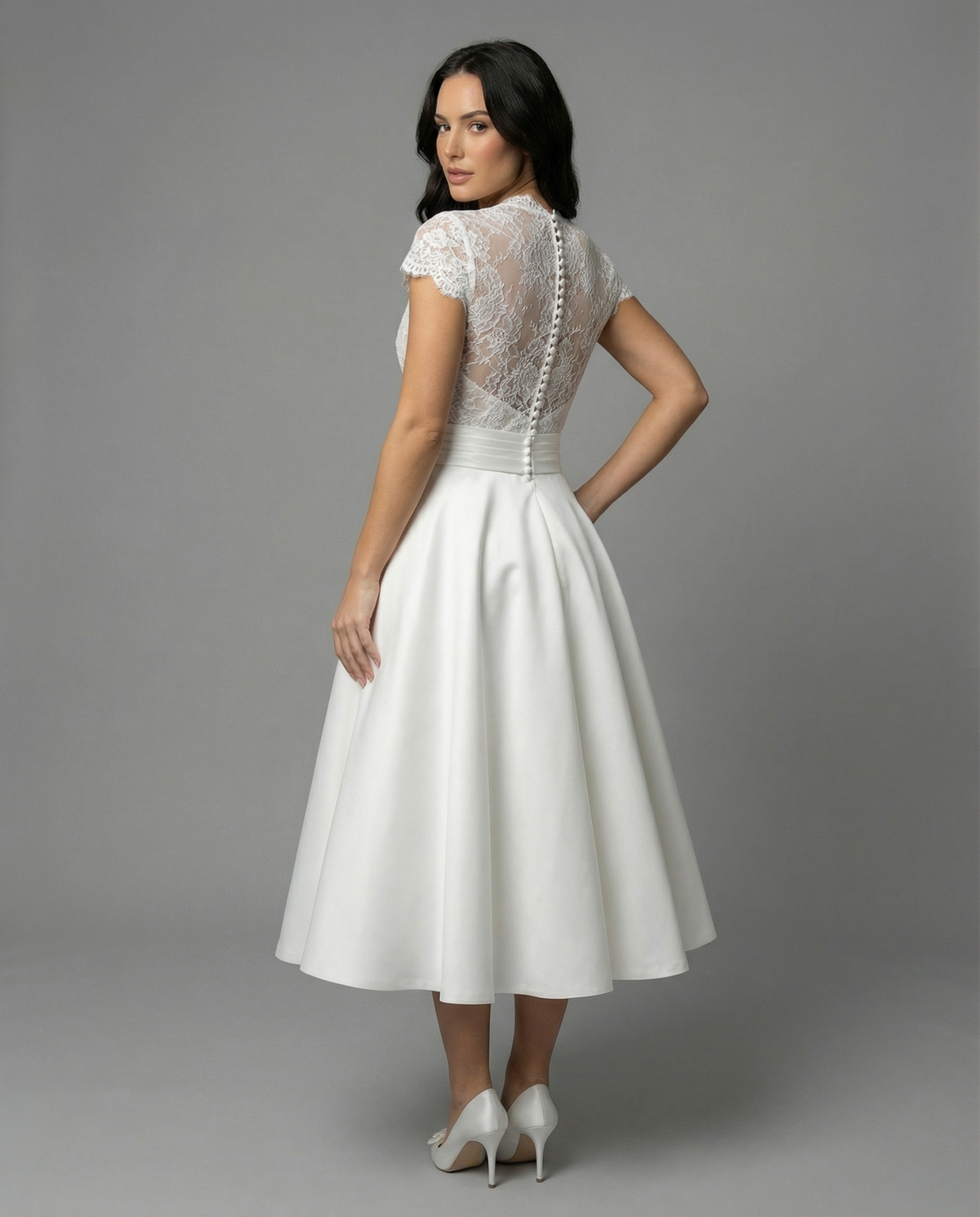 Linnea | White Lace Bodice Midi Wedding Dress with Full Skirt
