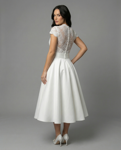 Linnea | White Lace Bodice Midi Wedding Dress with Full Skirt