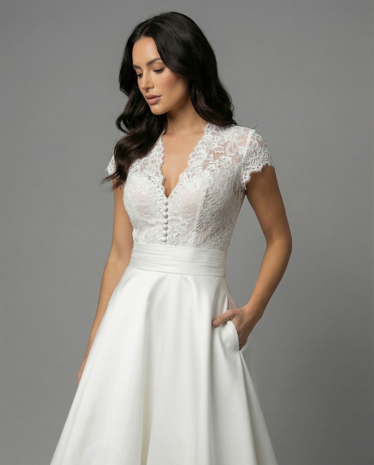 Linnea | White Lace Bodice Midi Wedding Dress with Full Skirt