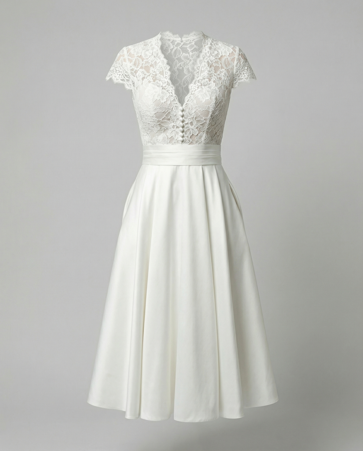 Linnea | White Lace Bodice Midi Wedding Dress with Full Skirt