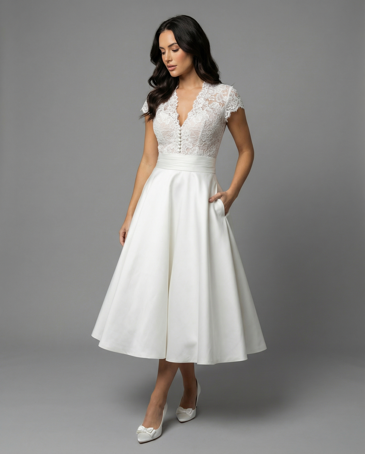 Linnea | White Lace Bodice Midi Wedding Dress with Full Skirt