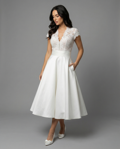 Linnea | White Lace Bodice Midi Wedding Dress with Full Skirt