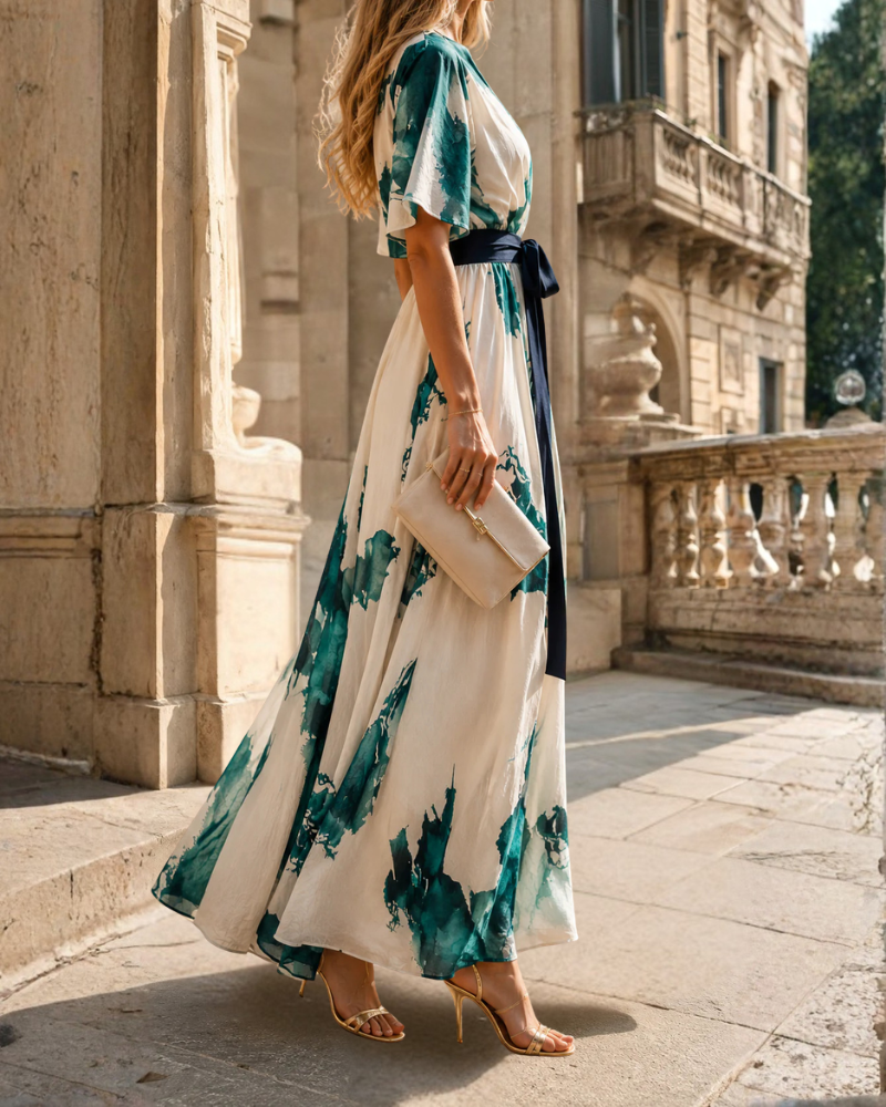 Kathleen | Watercolour Print Wrap Maxi Dress with Tie Waist