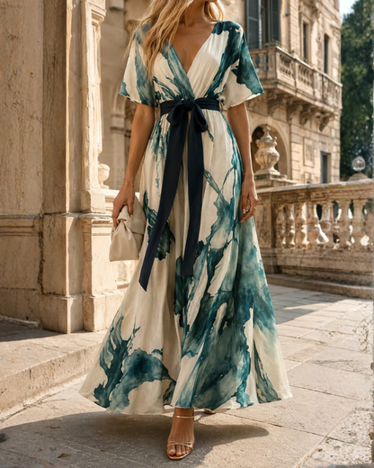 Kathleen | Watercolour Print Wrap Maxi Dress with Tie Waist