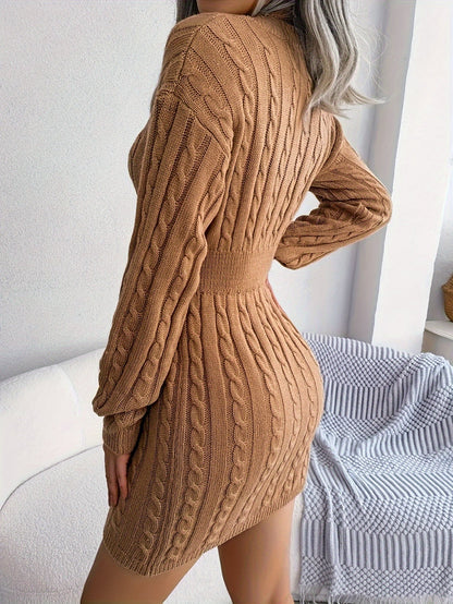 Thomasina | Fitted Cable Knit V-Neck Jumper Dress