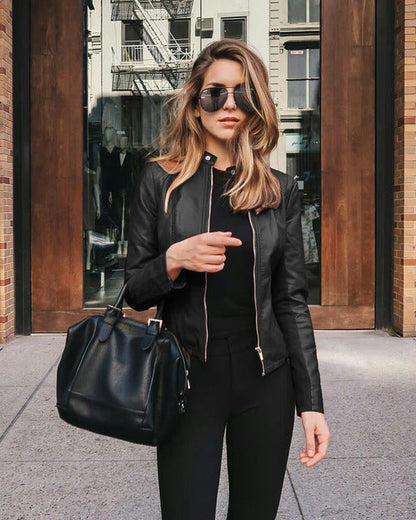 Faux Leather Jacket for Women | Fitted Collarless Zip-Front