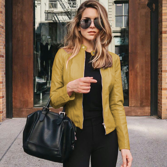 Faux Leather Jacket for Women | Fitted Collarless Zip-Front