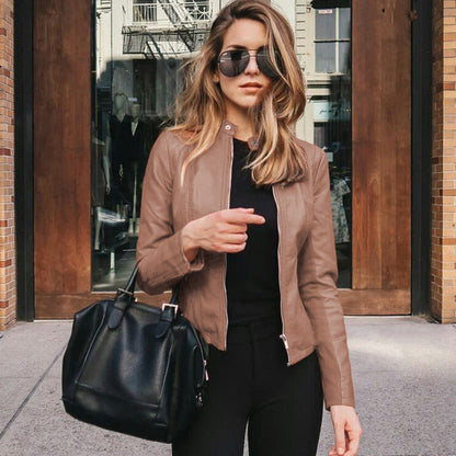 Faux Leather Jacket for Women | Fitted Collarless Zip-Front