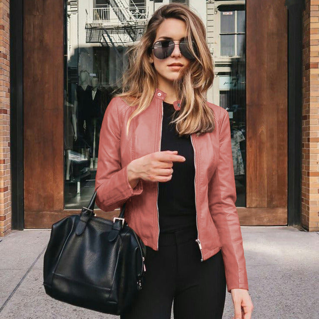 Faux Leather Jacket for Women | Fitted Collarless Zip-Front