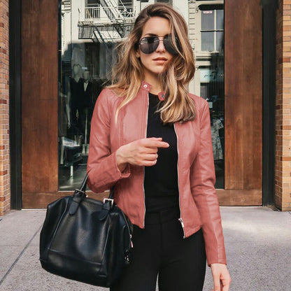 Faux Leather Jacket for Women | Fitted Collarless Zip-Front