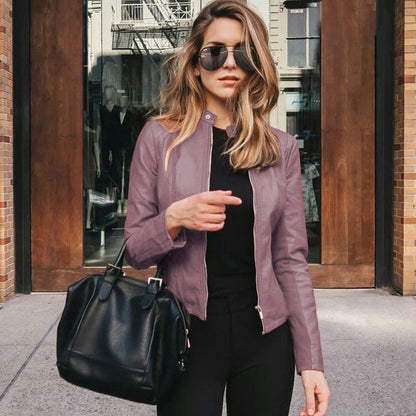 Faux Leather Jacket for Women | Fitted Collarless Zip-Front