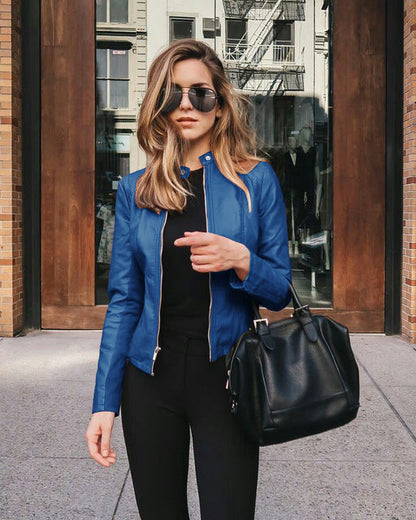 Faux Leather Jacket for Women | Fitted Collarless Zip-Front