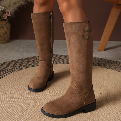Genevieve | Flat Knee High Boots in Suede with Gold Button Detail