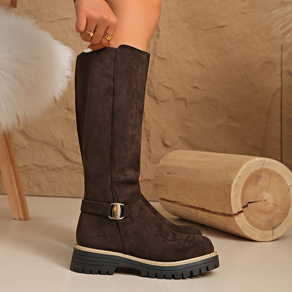 Bryanna | Flat Faux Suede Knee High Boots with Buckle and Lug Sole