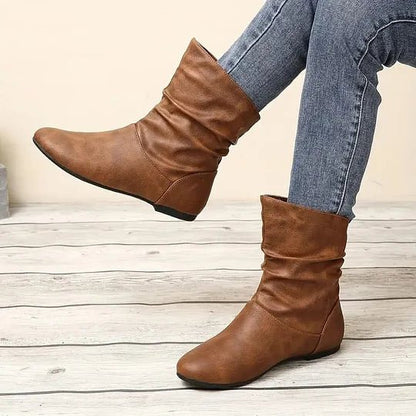 Freya | Flat Leather Ankle Boots with Slouch Detail