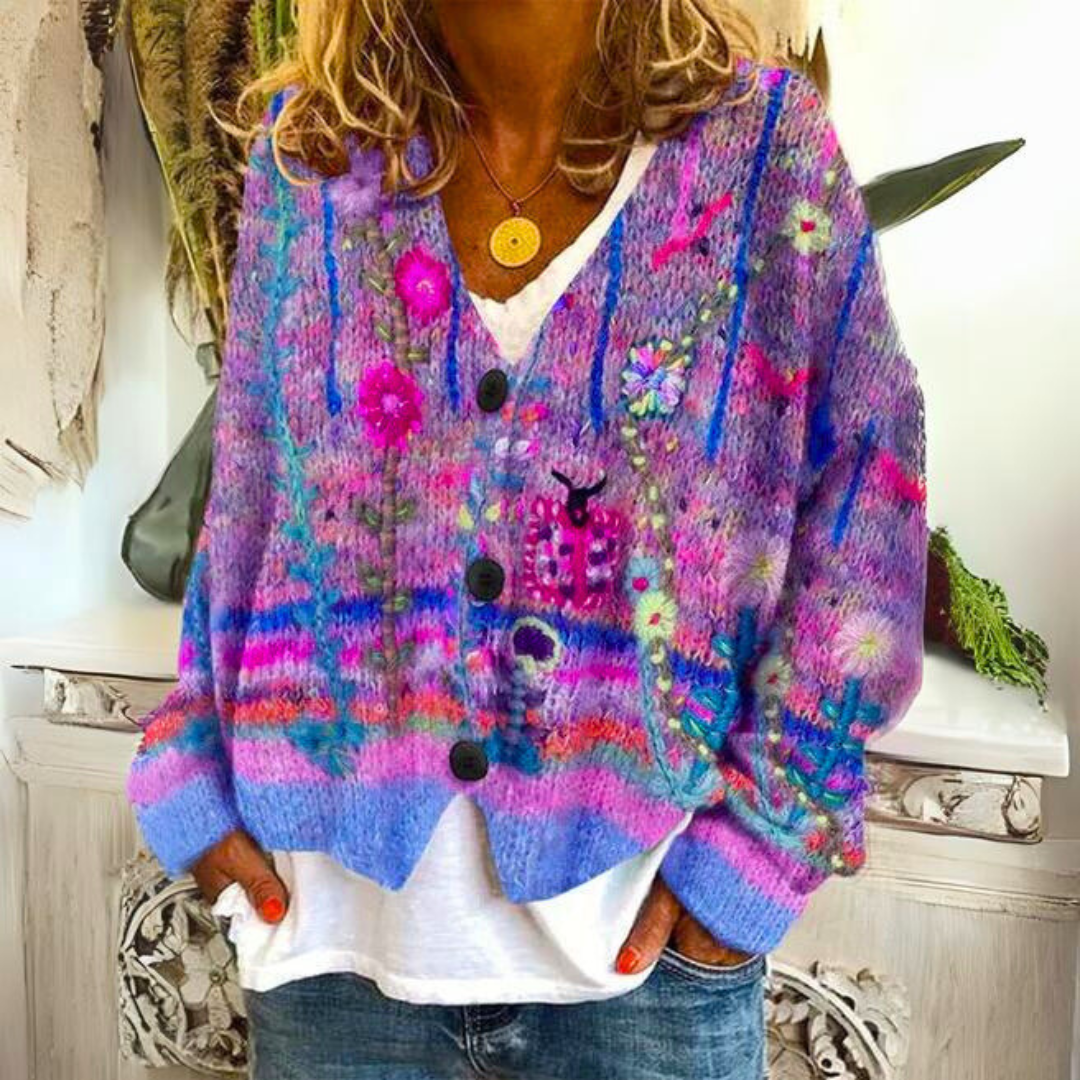 Peggy | Floral Embroidered Multicolour Knit Cardigan