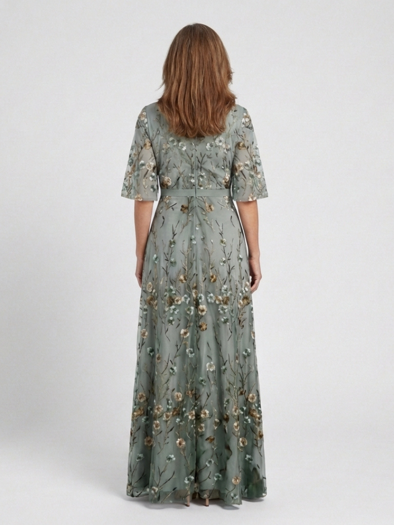 Flavia | Sage Floral Embroidered Maxi Dress with Flutter Sleeves