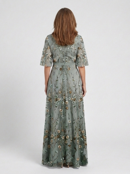 Flavia | Sage Floral Embroidered Maxi Dress with Flutter Sleeves